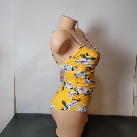 NWT - Smismivo Yellow Floral One-Piece Swimsuit With Ruched Front & Adjustable S - Picture 10 of 16